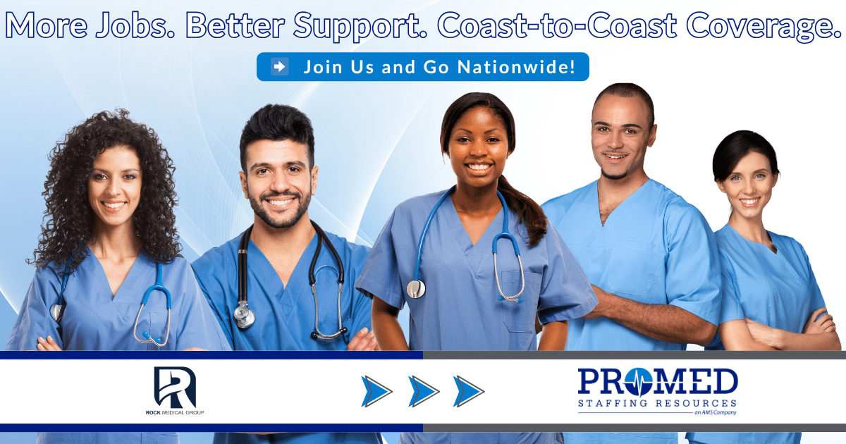 A group of nurses standing against a blue background, highlighting ProMed Staffing Resources' acquisition of Rock Medical Group with the slogan: "More jobs, better support, coast-to-coast coverage."